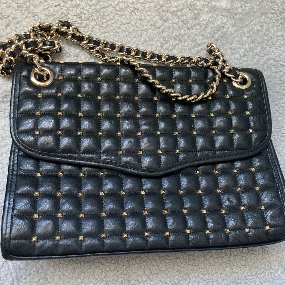 Rebecca Minkoff Black Quilted Stud Shoulder Bag with Gold Chain - Picture 2 of 16